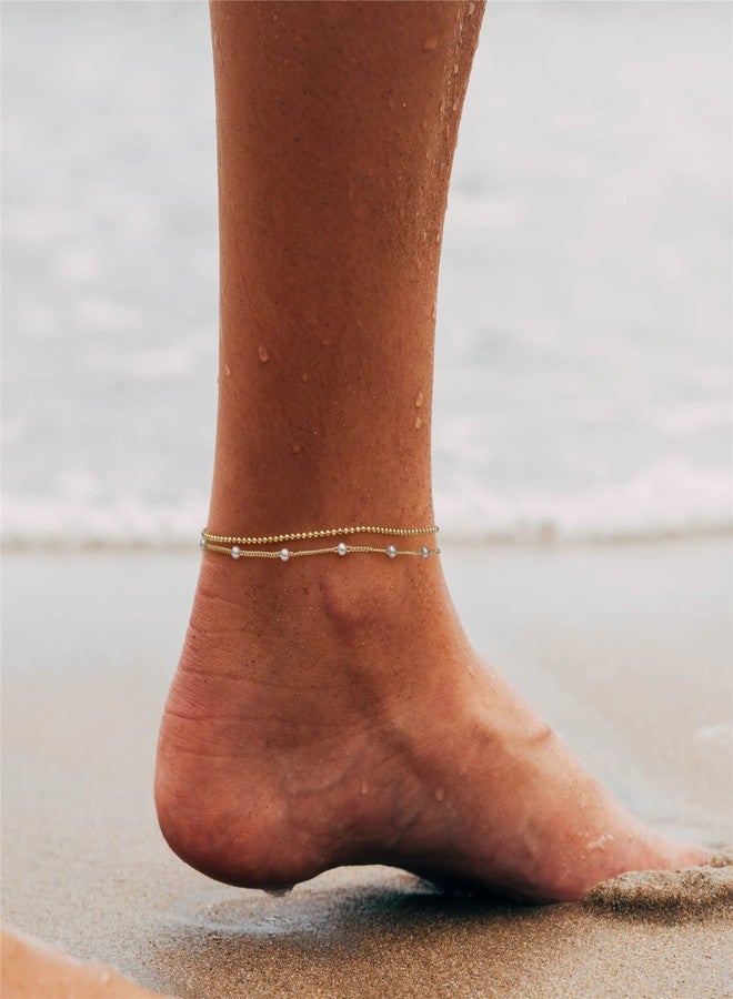 Raicegs Pearl Gold Anklet Bracelets for Women 18K Gold Layered Anklets Dainty Chain Pearl Beads Anklet Beach Jewelry Gift for Women - Image 2